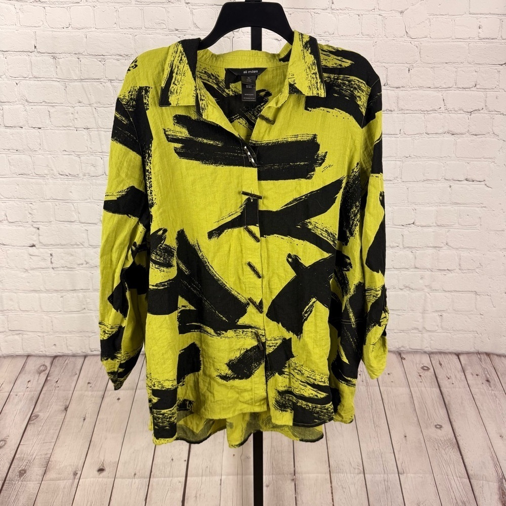 Ali Miles Neon Green Black Brushstroke Design Button Down Shirt Size XL - Picture 1 of 6